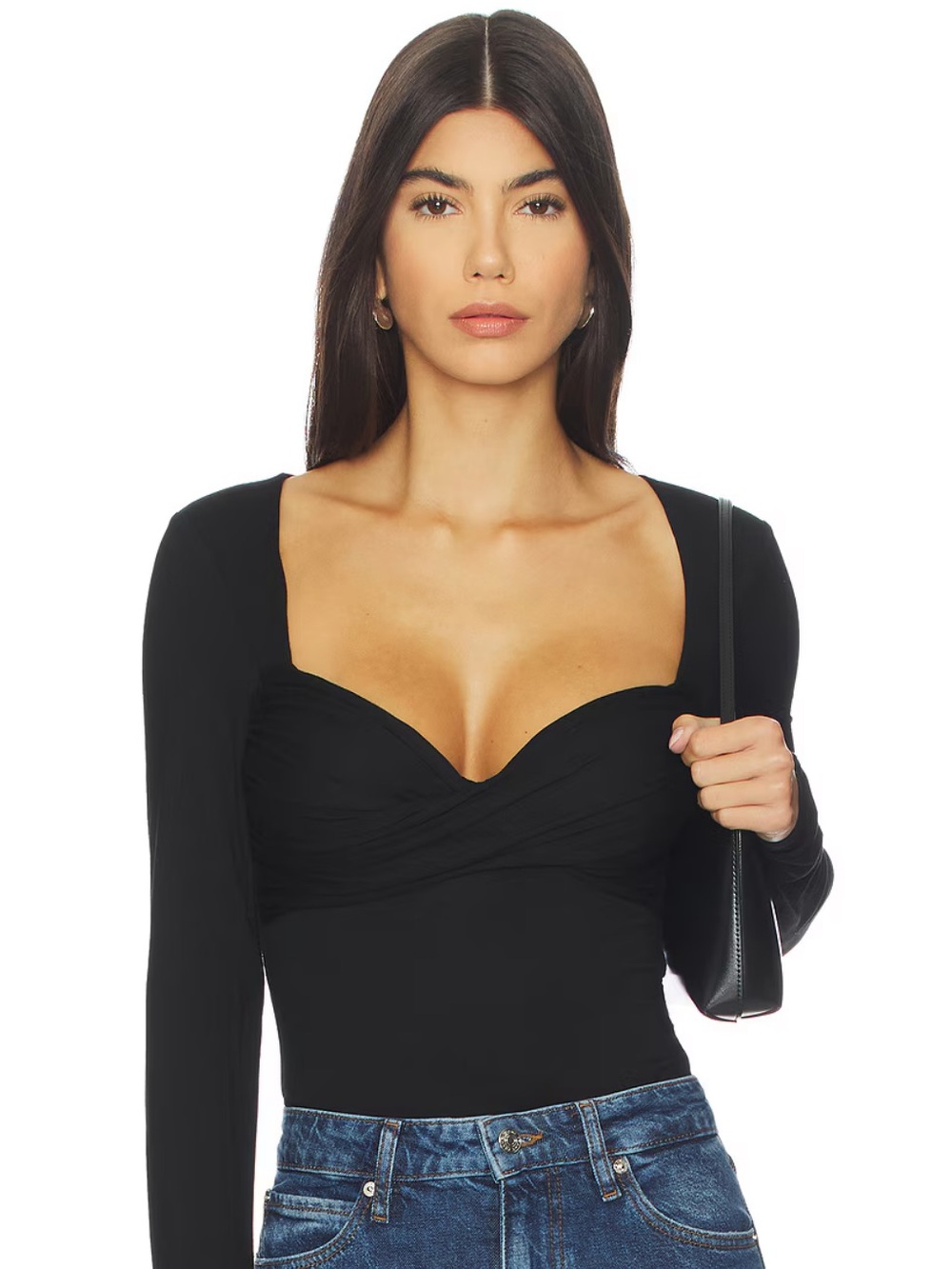 Lovers + Friends Black Long Sleeve Sweetheart Bodysuit